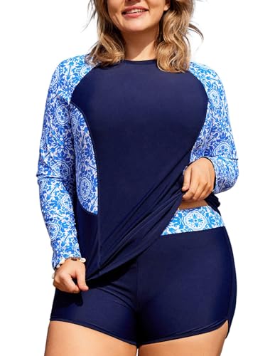 Hanna Nikole Rashguard-Badeanzug In Übergröße Für Damen Langärmelig Zweiteiliger Badeanzug Integrierter BH Blau Drucken 56 von Hanna Nikole