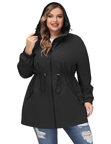 Hanna Nikole Regenjacke Damen Wasserdicht Regenjacke Windbreaker Regenmantel mit Kapuze ​Windjacke Wandern Regenjacken mit Taschen Schwarz 56 von Hanna Nikole