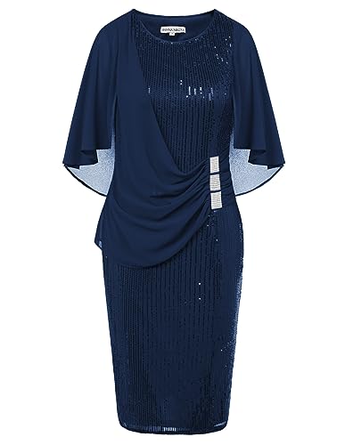 Hanna Nikole Schicke Sommerkleider Damen Glitzer Blendend Rüsche Strass Kleider Chiffon Schal Wickelkleid Navy Blau S von Hanna Nikole