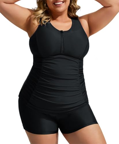 Hanna Nikole Schwarz Strandbadebekleidung Einfarbig Zweiteiler Tankinis Set Abnehmbares Brustpolster Push up Bademoden bauchweg Sport Tankini Set 22 große Größe von Hanna Nikole