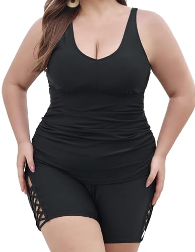 Hanna Nikole Schwimmen Tankini Damen Plus Size mit Shorts Sexy Hohl Bauchweg Bademode Badeanzug Schwarz 46 (Etikett:16W) von Hanna Nikole