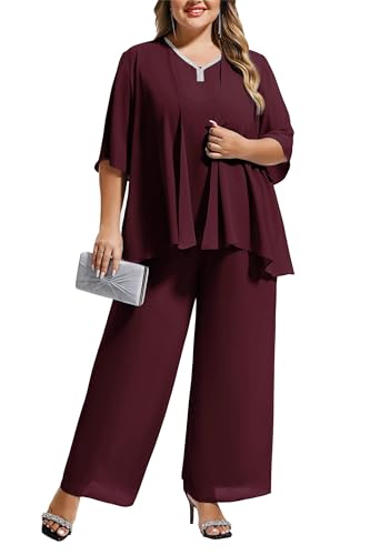 Hanna Nikole Sommer-Leichtanzug für Damen in Übergröße, stilvoller einfarbiger Lounge-Anzug mit V-Ausschnitt und kurzen Ärmeln Rotwein 52 von Hanna Nikole
