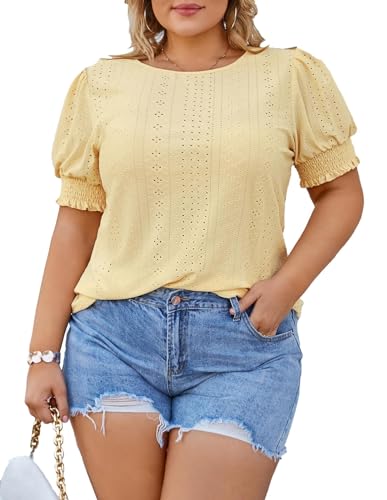 Hanna Nikole Sommer Oberteile Damen Locker Plus Size Kurzarm Einfarbig Sexy Hohl Material Hellgelb 50 (Kragen:20W) von Hanna Nikole