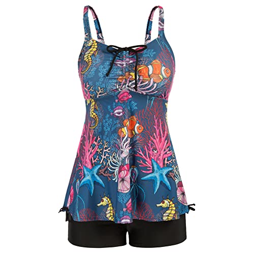 Hanna Nikole Tankini Damen Bauchweg 2 Stück Hoher Taille Badeanzüge Classic Drucken Tankini Blaues Muster S von Hanna Nikole