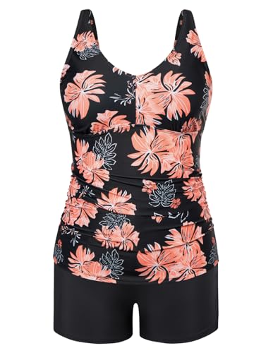 Hanna Nikole Tankini Damen Bauchweg Große Größen 2 Teile mit Shorts Seitliche Hohl Elastisch Badeanzug Rote Blume 52 (Etikett:22W) von Hanna Nikole