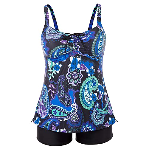 Hanna Nikole Tankini Damen Große Größen Crossover Tankini Bauchweg Strand Swimsuits Schwarz & Blaue Blumen 48-50 von Hanna Nikole