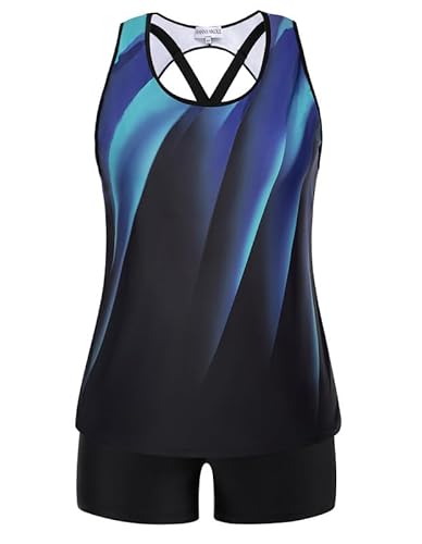 Hanna Nikole Tankini Damen Große Größen Dreiteilig Bikinioberteil mit Tanktop Badeanzug Bauchweg Badehose Sportlich Bademode Blaue Blume 54 (Etikett:24W) von Hanna Nikole