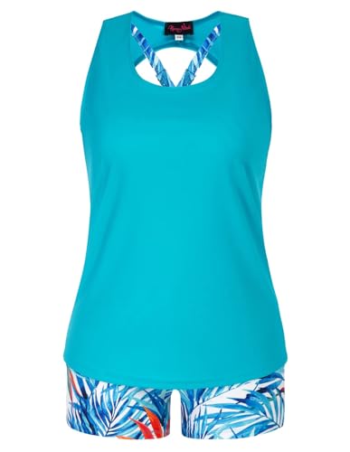 Hanna Nikole Tankini Damen Große Größen Dreiteilig Bikinioberteil mit Tanktop Badeanzug Bauchweg Badehose Sportlich Bademode Mintblau 56 (Etikett:26W) von Hanna Nikole