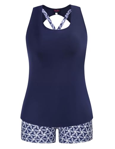 Hanna Nikole Tankini Damen Große Größen Dreiteilig Bikinioberteil mit Tanktop Badeanzug Bauchweg Badehose Sportlich Bademode Navyblau Geometrische Blume 56 (Etikett:26W) von Hanna Nikole