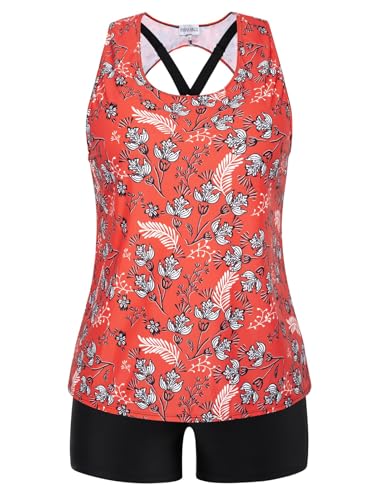 Hanna Nikole Tankini Damen Große Größen Dreiteilig Bikinioberteil mit Tanktop Badeanzug Bauchweg Badehose Sportlich Bademode Rote Blume 46 (Etikett:16W) von Hanna Nikole