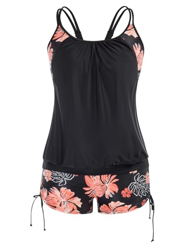 Hanna Nikole Tankini Damen Große Größen Sexy U-Ausschnitt Oberteile Bauchweg mit Kordelzug Badeshorts Dehnbar Badeanzug Rote Blume 54 (Etikett:22W) von Hanna Nikole