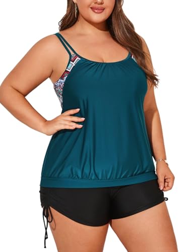 Hanna Nikole Tankini Damen Große Größen Sexy U-Ausschnitt Oberteile Bauchweg mit Kordelzug Badeshorts Dehnbar Bademode Blaugrünes Geometrisches Muster 52 (Etikett:20W) von Hanna Nikole