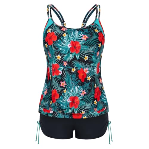 Hanna Nikole Tankini Damen Große Größen Sexy U-Ausschnitt Oberteile Bauchweg mit Kordelzug Badeshorts Dehnbar Bademode Wasserblaue und Grüne Blume 56 (Etikett:24W) von Hanna Nikole