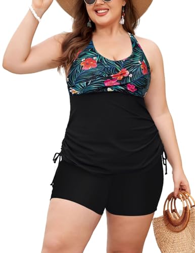 Hanna Nikole Tankini Damen Große Größen Zweiteiler Bauchweg Rück Kreuzen Kordelzug Oberteile mit Badeshorts Badeanzug Schwarz and Rote Blume 48 (Etikett:18W) von Hanna Nikole