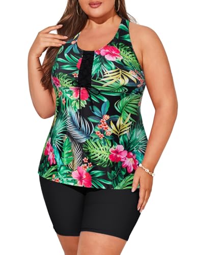 Hanna Nikole Tankini Damen Große Größen Zweiteiler Sportlich Badeanzug Racerback Tank mit Boyleg Shorts Vorne Schnüren Schwarz and Blume 50 (Etikett:20W) von Hanna Nikole