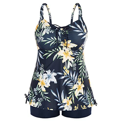 Hanna Nikole Tankini Oberteil Damen Große Größen Bauchweg Tankini Spaghetti Straps Bathing Suit Marineblaue & Gelbe Blume 54 von Hanna Nikole