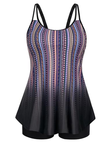 Hanna Nikole Tankini Set Damen Übergröße Hohe Taille Bademode U Ausschnitt Bauchweg Bunten Streifen 50 von Hanna Nikole