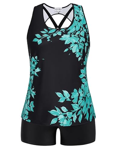 Hanna Nikole Tankini Set Sportlich Große Größen Damen Dreiteilig Push Up Swimsuit Boyshort Blaugrün & Blumen,58 Hanna Nikole Tankini Set Sportlich Große Größen Damen Dreiteilig Push Up Swimsuit Boyshort Blaugrün & Blumen,58 von Hanna Nikole