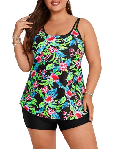 Hanna Nikole Tankini Set Weibchen Übergröße Beachwear Zweiteilig Badeanzug Grüne Blume 56 von Hanna Nikole