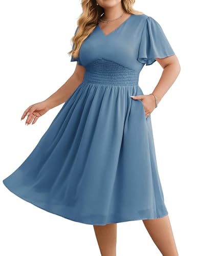 Hanna Nikole Vintage Kleider Damen GroßE GrößEn Freizeitkleider RüSchenäRmel Chiffon-Kleider Halbformelles Sommerkleid FließEndes HochzeitsgäSte Midikleid A-Linien-Kleid Mit Gesmokten Taillen von Hanna Nikole