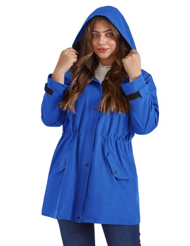 Hanna Nikole Wasserdicht Regenjacke Damen Große Größe Leicht Kapuze Regenmantel Kordelzug Taille Windbreaker mit Taschen Königsblau 46 von Hanna Nikole