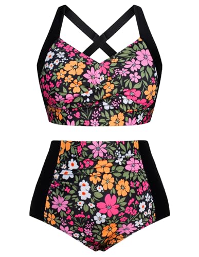 Hanna Nikole Weibchen Übergröße Bauchweg Bikini Hoher Bademode Push Up Schwimmanzug mit Bikinihose Schwarze & Bunte Blumen 54 von Hanna Nikole