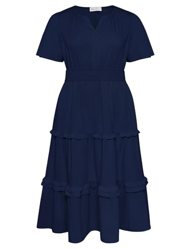 Hanna Nikole Weibchen Übergröße Elastischer Taille Midikleid A-Linie Kleid Casual Freizeitkleider mit Taschen Marineblau 46 von Hanna Nikole