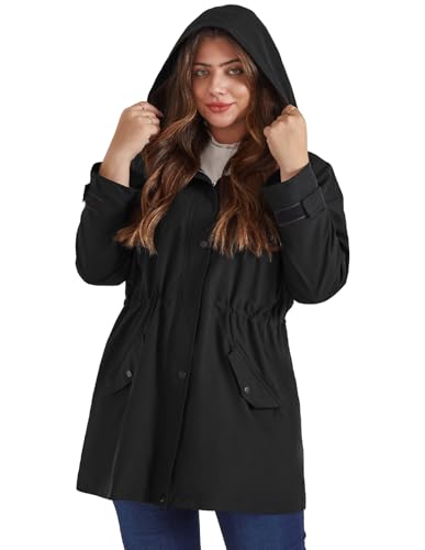 Hanna Nikole Weibchen Übergröße Leicht Sport Outdoorjacke Regenjacke Kordelzug Taille Windbreaker mit Kapuze Schwarz 48 von Hanna Nikole