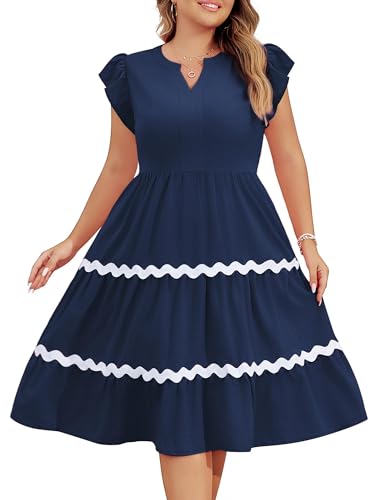 Hanna Nikole Weibchen Übergröße V Ausschnitt Midikleid A-Linie Kleid Elegant Freizeitkleider mit Taschen Marineblau 46 von Hanna Nikole