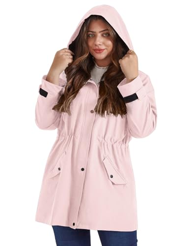 Hanna Nikole Weibchen Übergröße Wasserdicht Windbreaker Leicht Regenjacke Kordelzug Taille Regenmantel mit Taschen Rosa 46 von Hanna Nikole