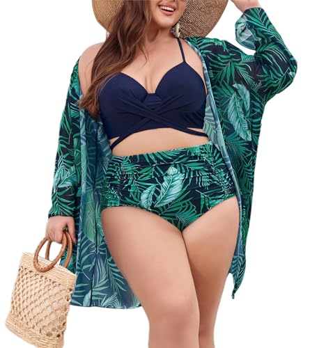 Hanna Nikole Women 3PCS Swimsuit Plus Size Push Up Bikini Set Stretchy High Waist Ruched Criss Cross Beachwear Dunkelblau 52 von Hanna Nikole