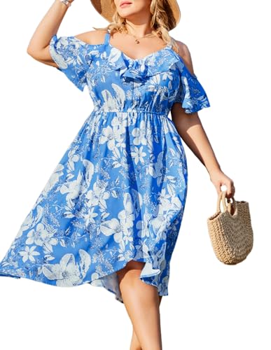 Hanna Nikole Women A-Line Dress Plus Size Ruffle Sleeves Cold Shoulder Dress Knee Length Dress Blau & Weiße Blume 54 von Hanna Nikole