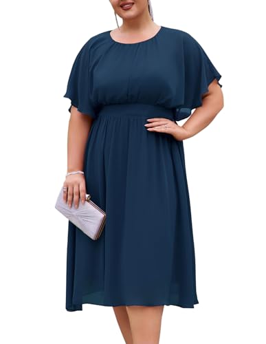 Hanna Nikole Women Plus Size A-Line Dress Ruffle Sleeves Elegant Round Neck Chiffon Dress Navy Blau 52 von Hanna Nikole