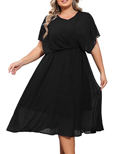 Hanna Nikole Women Plus Size Chiffon Cape V Neck Wedding Guest Swing Midi Dress for Formal Cocktail 54 Black von Hanna Nikole