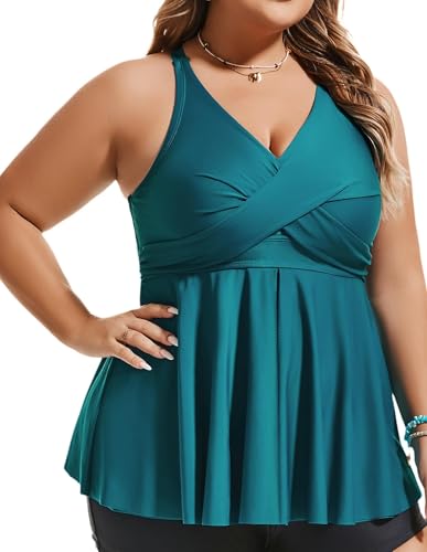 Hanna Nikole Women Plus Size Flowy Tankini Tops Twist V Neck Only Modest Swimsuit Tops Bathing Suits No Bottom Blaugrün 52 von Hanna Nikole