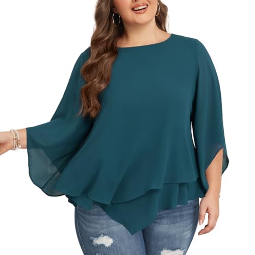 Hanna Nikole Womens Plus Size Chiffon Blouse Batwing Sleeves Loose Flowy Tunic Pfauenblau 54 von Hanna Nikole