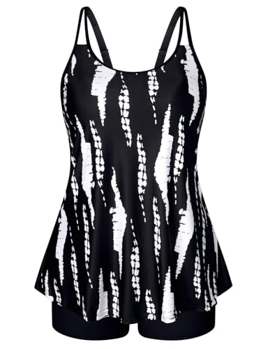 Hanna Nikole Womens Plus Size Tankini Swimsuit Two Piece Bathing Suits Flowy Swim Tops with Boy Shorts Schwarze & Weiße Blume 46 von Hanna Nikole