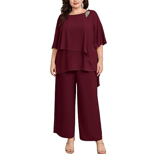 Hanna Nikole Zweiteiler Damen Große Größen Hosenanzug Fledermausärmel Cape-Ärmel Strass Lose Rundhals Chiffon Shirt Hohe Taille Elegant Hohe Taille Lange Hose Weinrot 46 von Hanna Nikole