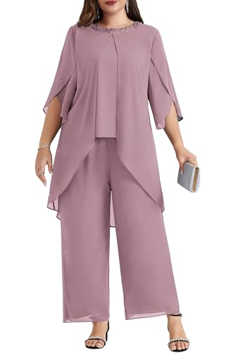 Hanna Nikole Zweiteiler Damen Sommer GroßE GrößEn Abendanzug Chiffon Hosenanzug Eleganter Festliches Outfit Hochzeitsgast Festmode Cocktail Pailletten Rundhals-Tops Und Hoch Taillierter Abendmode von Hanna Nikole