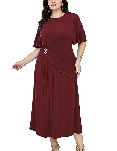 Kleider Damen Festlich Elegant Große Größen Elegante Rüschenärmel Cocktail Kleider Damen Taille Strasssteine Falten Lang A-Linie Hochzeitsgast Dress Rot 46 (US 18W) von Hanna Nikole