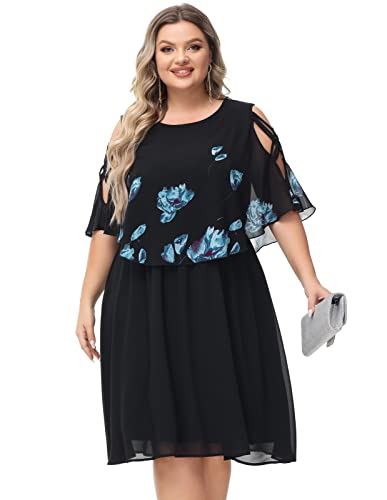 Lässiges Kleid Damen Große Größen Schönes Kleid für Damen A-Line Swing Blaue Blumen 44 von Hanna Nikole