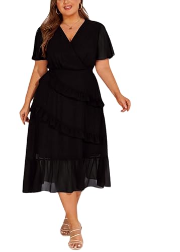 Womens Plus Size A Linien V AusschnittFreizeitkleid Rüschenärmeln Midikleid von Hanna Nikole