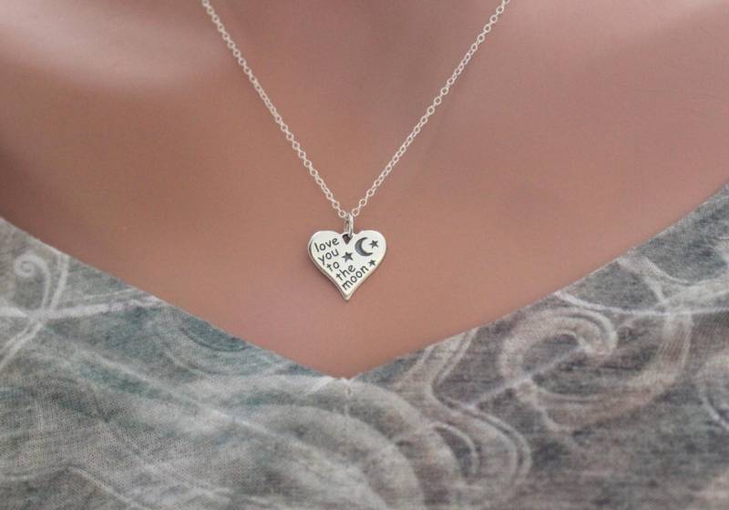 sterling Silber Liebe Dich Zum Mond Herz Charm Halskette von HannahCatherines