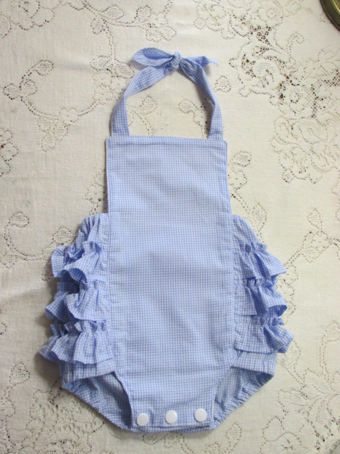 Blauer Gingham Rüschen Bubble Romper - Säugling Kleinkind Kindergrößen Vintage-stil Optionale Öse Sunsuit Photo Prop von HannahsHomestead2