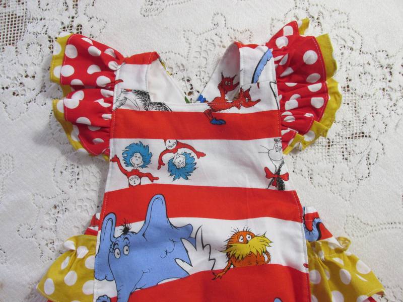 Seuss Bubble Romper - Thing 1 Katze Im Hut Rot, Gelb & Weiß Gepunktet Rüschen Säugling Kleinkind Kind Sonnenanzug Photo Prop von HannahsHomestead2