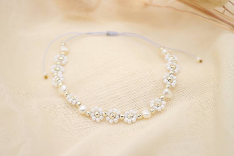 Silber Perlmutt Gänseblümchen Süßwasserperlen Armband/Fußkette - Hannischjewelry von HannischJewelry