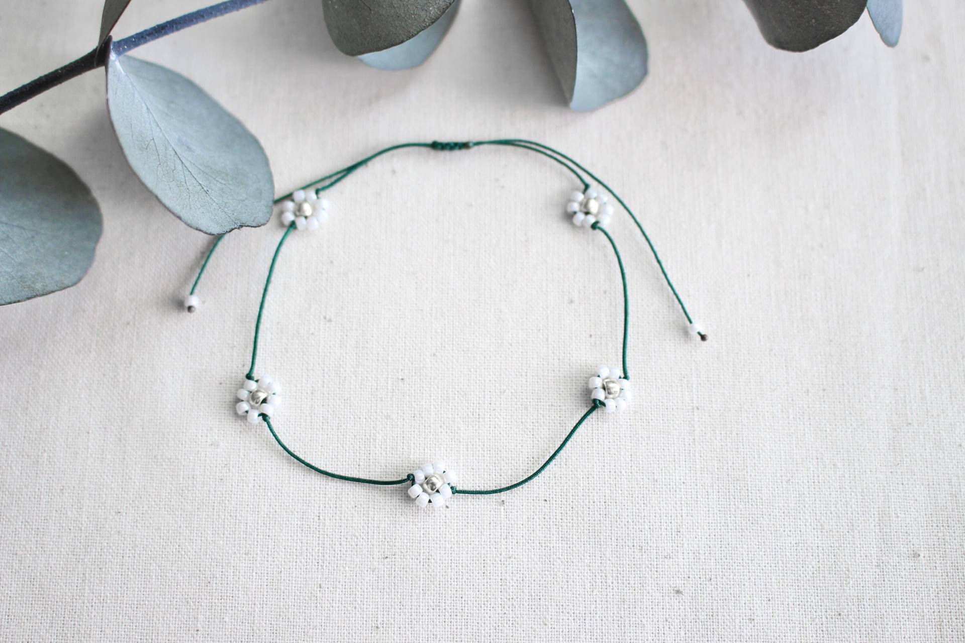 Ultra Slim Eine Kordel Viele Gänseblümchen Silber Weiß Perlen Armband/Fußkette - Hannischjewelry von HannischJewelry