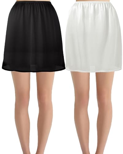 Hanpceirs 2 Stück Damen Petticoat Unterröcke für Damen halbe Slips für unter Kleider Satin Rock Extenders 40cm Schwarz und Weiß L von Hanpceirs
