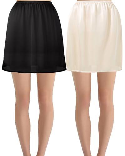 Hanpceirs 2 Stück Damen Petticoat Unterröcke für Damen halbe Slips für unter Kleider Satin Rock Extenders 40cm Schwarz und Beige XXL von Hanpceirs