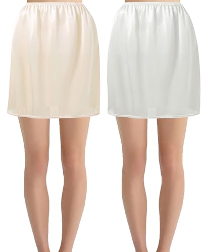 Hanpceirs 2 Stück Damen Petticoat Unterröcke für Damen halbe Slips für unter Kleider Satin Rock Extenders 40cm Weiß und Beige XL von Hanpceirs